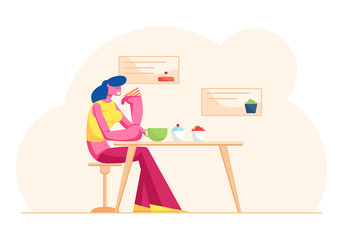 Young Woman Drinking Tea or Coffee with Cake in Modern Restaurant. Female Character Visiting Bakehouse Cafe Sitting at Table in Cafeteria Interior. Hospitality Concept Cartoon Flat Vector Illustration