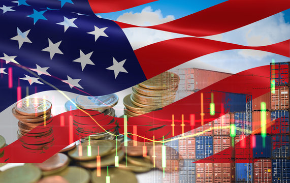 USA and China trade war economy recession conflict tax business finance money coins - United States raised taxes on imports China on industry in export and import logistics tariffs and stock chart