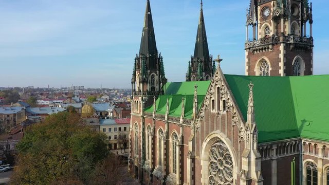 Aerial video of Saint Olga and Elizaveta Church in central part of old city of Lviv, Ukraine