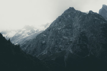 Panorama view on mountains scene in national park of Dombay, Caucasus