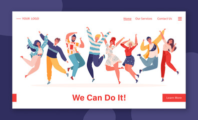 Motivational concept for landing page. Template for website or web page with stylish modern vector illustration. Group of young joyful jumping and dancing people with raised hands. 