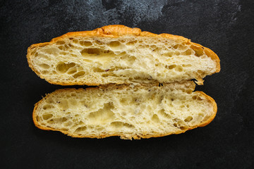 croissant bun (delicious fresh pastries, sandwich roll) menu concept. food background. top view. copy space