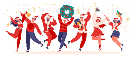 Set of young happy jumping and dancing people dressed in Santa Claus costumes and hats. Party dancer character male and female isolated on white background. Young men and women enjoying New Year party