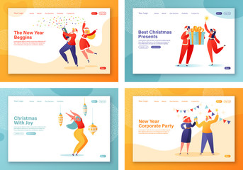 Set of concept of landing pages template on New Year corporate party celebration theme. Flat people characters dancing in santa claus costumes, holding sparklers, gifts and champagne in their hands.