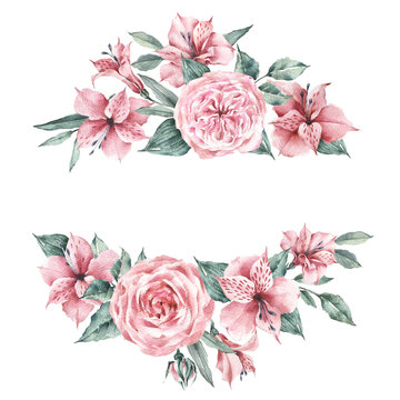 Floral round banner. Peonies, roses, lilies and green branches. Watercolor illustration. Vintage style.