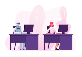 Artificial Intelligence and Human Resources Concept. Businesswoman Character and Robot Working in Office Together Sitting at Desk with Computer Futuristic Technologies Cartoon Flat Vector Illustration