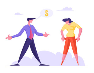 Frustrated Woman Showing Empty Pockets to Businessman Asking Money from her. Unemployment, Bankruptcy and Poverty Concept. Creditor Demand Debt from Businesswoman. Cartoon Flat Vector Illustration