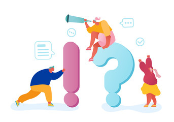 Frequently Asked Questions Concept. Business People around of Huge Question and Exclamation Marks Searching Information and Answers. Woman with Spyglass Look Far Away. Cartoon Flat Vector Illustration