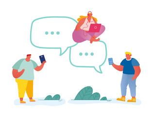 Fototapeta na wymiar Young People Characters Using Mobile Devices, Smartphones for Chatting in Social Networks, Communicating Online Sending Media Files to Friends via Internet Application Cartoon Flat Vector Illustration