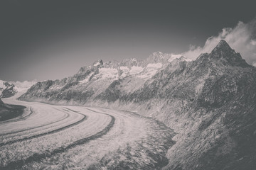 Panorama of mountains scene, walk through the great Aletsch Glacier