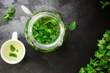 mint tea (tasty fresh, mint lemonade flavor) menu concept. food background. top view. copy space