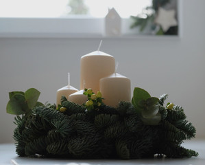 advent wreath candles christmas on window background