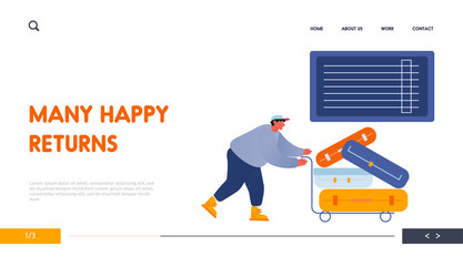 Man Loader Pushing Trolley with Luggage for Loading in Airplane Website Landing Page. Suitcases and Travel Bags Transportation by Attendant at Airport Web Page Banner. Cartoon Flat Vector Illustration