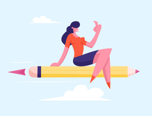 Relaxed Businesswoman Showing Thumb Up Flying on Pencil Rocket Engine Sitting with Crossed Legs Racing to Success, Business Competition, Creative Idea, Project Concept Cartoon Flat Vector Illustration