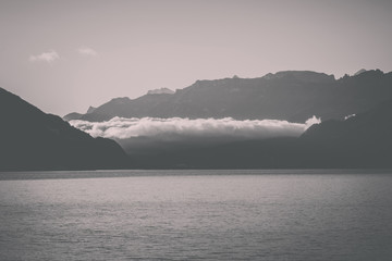 View on lake Thun and mountains, city Spiez, Switzerland, Europe