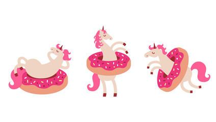 Set of funny unicorn in donuts. Cartoon style cute character
