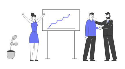 Boss Shaking Hand to Office Employee Standing at Chartboard with Growing Arrow Graph. Happy Woman Rejoice. Director Congratulate Workers for Successful Work. Cartoon Flat Vector Illustration, Line Art