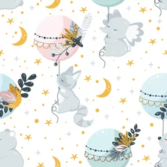 Tapeten Tiere mit Ballon nahtloses Muster mit fliegenden Tieren auf dem Hintergrund von Sternen - Vektorillustration, eps