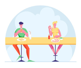 Young Man and Woman Sitting at Desk on High Stools Eating Fastfood in Restaurant. Male and Female Characters Visiting Junk Food Cafe on Weekend. Leisure Rest Sparetime Cartoon Flat Vector Illustration
