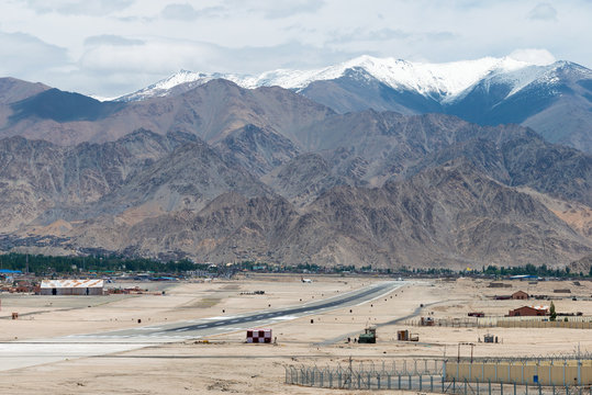 Ladakh, India - Jul 09 2019 - Leh airport (Kushok Bakula Rimpochee Airport) view from Spituk Monastery in Ladakh, Jammu and Kashmir, India.