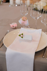 Food served on table in a white hall during a wedding reception in Eastern European Baltic Riga Latvia - Biege, creme and pink colors with name signs on dishes - Canape, snacks and light drinks