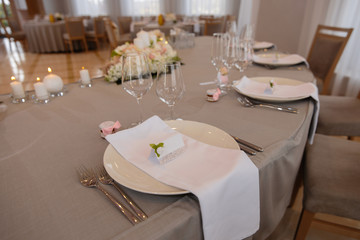 Food served on table in a white hall during a wedding reception in Eastern European Baltic Riga Latvia - Biege, creme and pink colors with name signs on dishes - Canape, snacks and light drinks