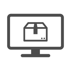 Online delivery service vector icon isolated on white background. Desktop computer with express delivery app showing the package. Delivery stock vector illustration for web, mobile and ui design