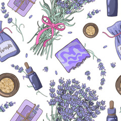 Digital illustration for fabrics, packaging design, or wrapping paper. Seamless pattern with lavender flowers, soap, bottls, fragrant bag and volatile oil on white background.