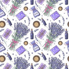 Digital illustrations of provence plavender for fabrics, wrapping paper. Seamless pattern with lavender flowers, soap, bottls, fragrant bag and volatile oil on white background. 