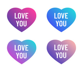 love you lettering on hearts color vector illustrations. Trandy color gradient heart shapes with love you lettering vector illustration. Valentine day icons. Love and relationships concept