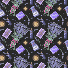 Digital illustration of Provence lavender for fabrics, wrapping paper. Seamless pattern with lavender flowers, soap, bottls, fragrant bag and volatile oil on black background. 
