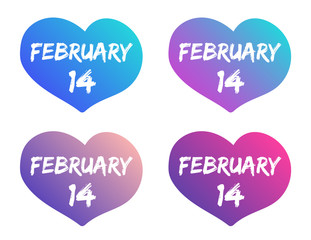 February 14 lettering on hearts color vector illustrations. Trandy color gradient heart shapes with February 14 lettering vector illustration. Valentine day icons. Love and relationships concept