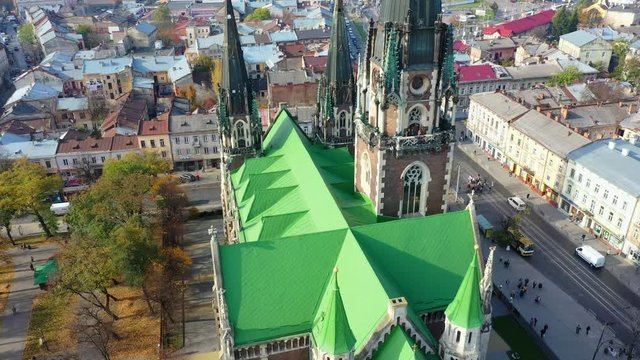 Aerial video of Saint Olga and Elizaveta Church in central part of old city of Lviv, Ukraine