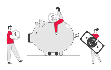 Man and Woman Put Golden Coin and Dollar Banknote into Piggy Bank. People Saving and Collect Money in Thrift-box, Open Bank Deposit. Family Finance Budget Cartoon Flat Vector Illustration, Line Art