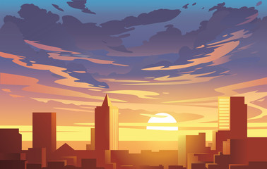 Fototapeta premium Evening city panorama, vector, sunset. Flat anime style