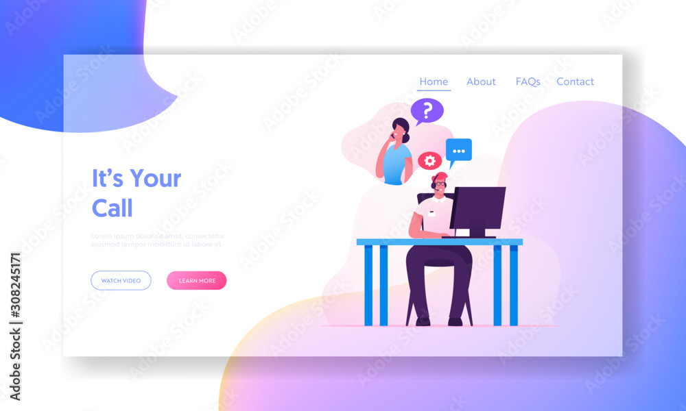 Wall mural hotline call center website landing page. technical support specialist solve client problem online. 