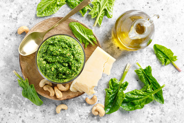 Spinach pesto sauce with cashew, parmesan cheese and olive oil