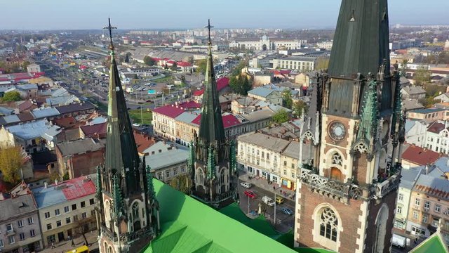 Aerial video of Saint Olga and Elizaveta Church in central part of old city of Lviv, Ukraine