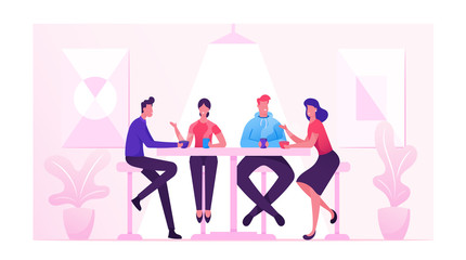Friends Meeting in Cafe or Bar. Company of Young People Having Coffee or Meal in Modern Restaurant Communicating, Chatting, Spending Leisure Time Together on Weekend. Cartoon Flat Vector Illustration