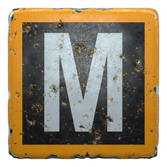 Public road sign orange and black color with a white capital letter M in the center isolated. 3d