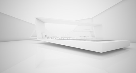 Abstract architectural white interior of a minimalist house with swimming pool. 3D illustration and rendering.