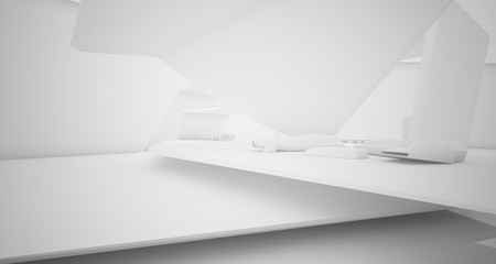 Abstract architectural white interior of a minimalist house with swimming pool. 3D illustration and rendering.