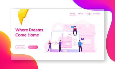 Smart House Website Landing Page. People at Huge Laptop with Home Building Scheme with Artificial Intelligence Technology on Screen Internet of Things Web Page Banner. Cartoon Flat Vector Illustration