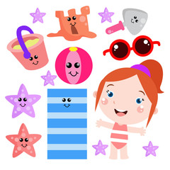 Little Girl Playing on the Beach with tool Cute Cartoon. Children Vector Template Design Illustration