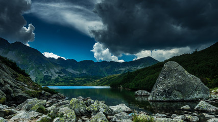 5 lakes valley in Tatra Mountains, Poland. Landscape with lakes and ridges in Poland side of Tatry...