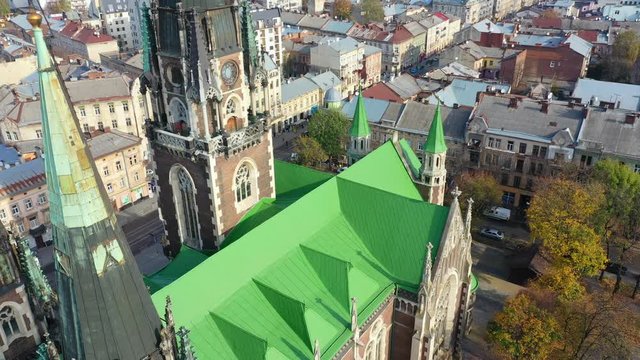 Aerial video of Saint Olga and Elizaveta Church in central part of old city of Lviv, Ukraine