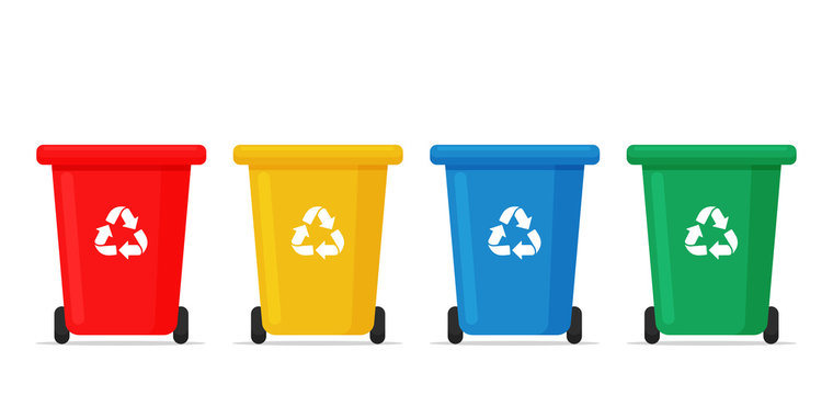 Recycle bin vector. Red, yellow, blue and green recycle bins for sorting waste.