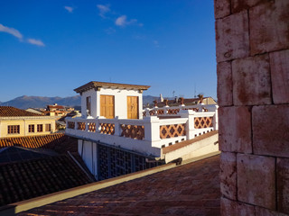 Roof of a building illuminated by morning light