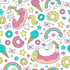 Seamless pattern with fun unicorns in donuts. Vector cartoon style cute character on white background