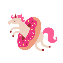 Vector illustration of funny unicorn jumping through a donut. Cartoon style cute character animal